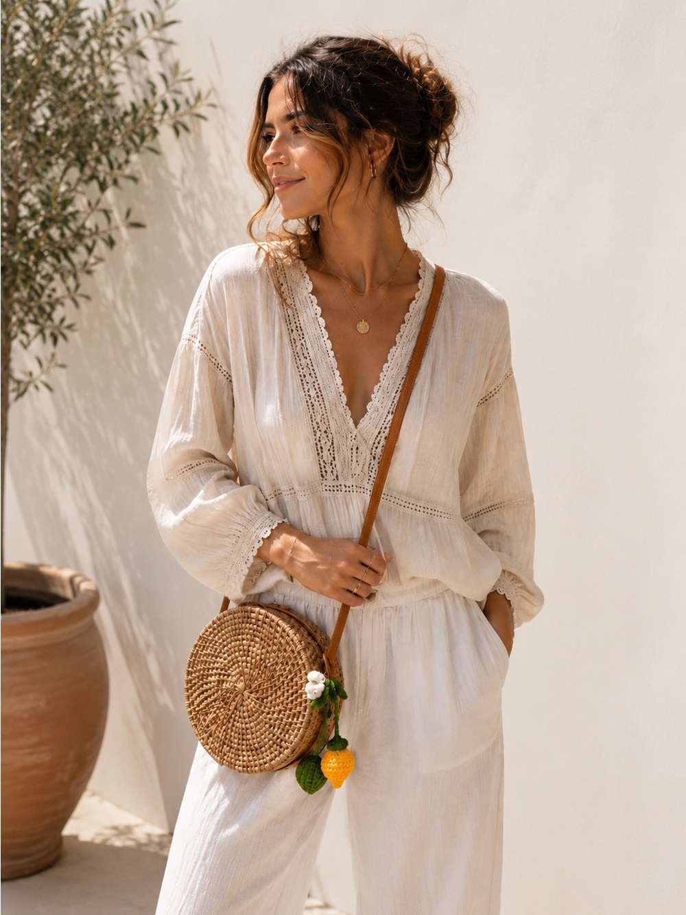 NWT Round Rattan Crossbody Bag Lemon Charm Bali Boho Summer Resort
